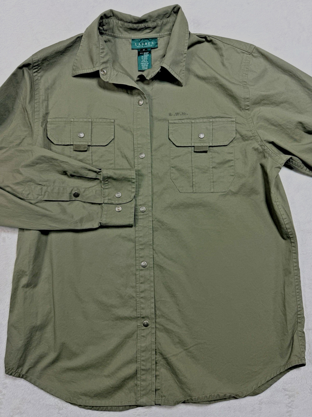 Lauren Ralph Lauren Safari Utility Shirt Olive Green Cotton Snap Pearl Sz Med